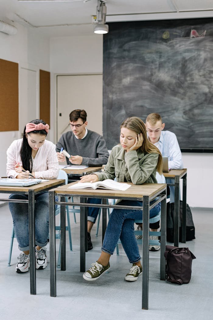 Home A group of teenagers focusing on studies in a classroom with a blackboard.